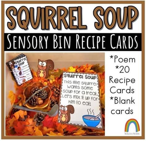 The Blissful Preschool | Teachers Pay Teachers Sensory Bin With Rice, Squirrel Soup Preschool, Squirrel Sensory Bin, Prek Sensory Activities, Fall Sensory Bin Preschool, Squirrels Preschool, November Sensory Bin, Thanksgiving Sensory, Hibernation Activities