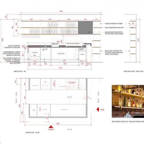 Restaurant Bar Dimensions, Bar Dimensions Design Plan, Bar Design Drawing, Cafe Counter Dimensions, Bar Counter Detail Drawing, Restaurant Kitchen Dimension, Bar Detail Drawing, Cafe Counter Layout, Bar Counter Design Restaurant