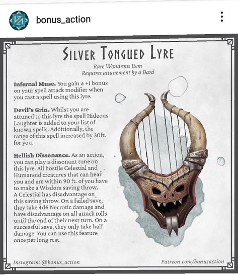 Dnd equipment Dnd Special Items, Dnd Magic Instrument, Bard Item Dnd, Dnd Cool Items, Dnd Bard Instruments, Dnd Magical Items Homebrew, Dnd Magic Item Bard, Magic Instruments Dnd, D D Character