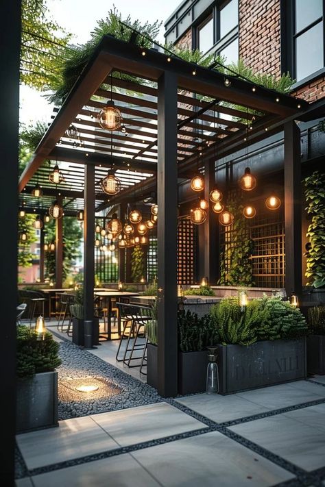 15 Stunning Pergola Patio Ideas You'll Fall In Love With 14 Pergola Sides Ideas, Outdoor Garden Shade Ideas, Pergola Glass Walls, Pagola Ideas Design, Lights For Pergola, Outdoor Patio Ideas On A Budget, Long Pergola, Backyard Patio Landscaping, Pergola Dining