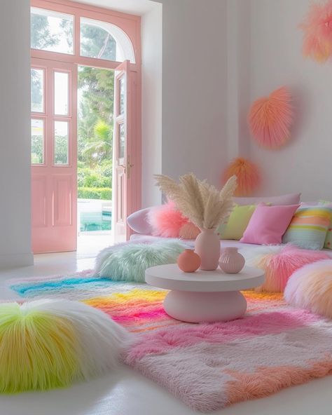 Pastel Electric Bedroom, Rainbow Maximalist Decor, Cloud Couch Colorful, Pops Of Color Decor, Rainbow Flowers Loft Bedroom, Quirky Room, Rainbow Room Nyc, Funky Living Room, Balcony Decorating Ideas