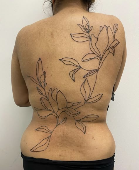 Large Back Flower Tattoo, Outline Back Tattoo, Magnolia Back Tattoo, Leaves Back Tattoo, Plant Back Tattoo, Botanical Back Tattoo, Leaf Back Tattoo, Back Tattoo Flower, Floral Back Tattoo