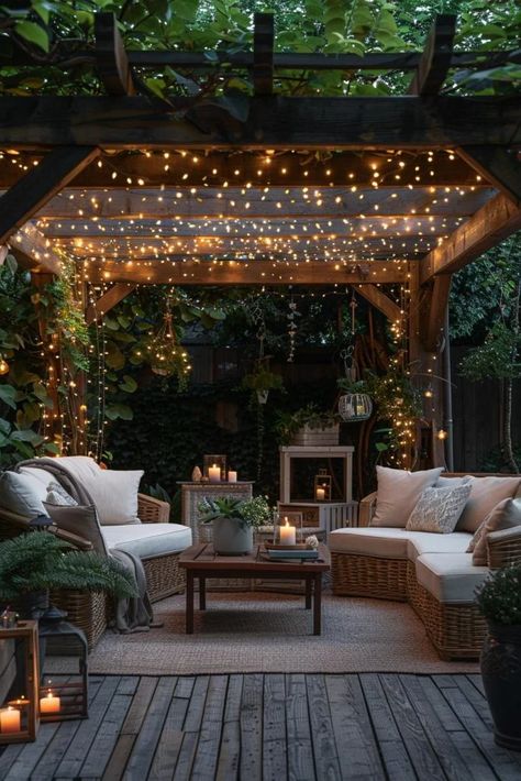 15 Stunning Pergola Patio Ideas You'll Fall In Love With 11 Pergola And Patio Ideas, Decking With Pergola Ideas, Garden Pergola Fire Pit, Fairy Lights On Pergola, Fairy Lights Yard, Outdoor Patio With Pergola, Backyard Pagoda Patio Ideas, Shaded Area Garden Ideas, Pergola Interior Design