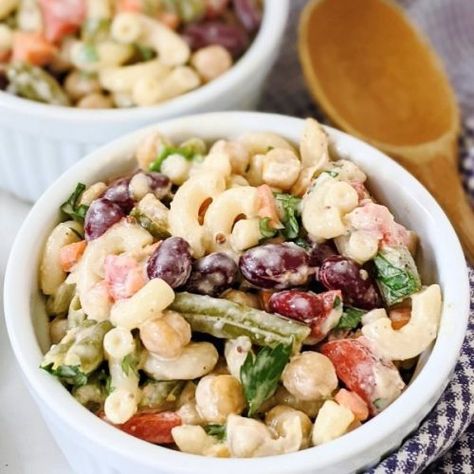 Pasta Bean Salad - The Herbeevore Bean And Pasta Salad, Bean Pasta Salad, Recipes Pasta Salad, Vegan Bean Salad, Creamy Macaroni Salad, Vegetarian High Protein, Bean Salad Recipe, Healthy Beans, Classic Salad