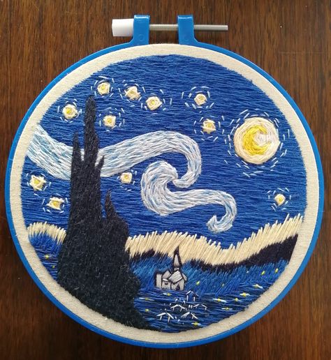 Van Gogh Embroidery, Tod Bag, Denim Jacket Embroidery, Needlecraft Patterns, Embroidery Hoop Art Diy, Jacket Embroidery, Embroidery Painting, Tods Bag, Hand Embroidery Projects