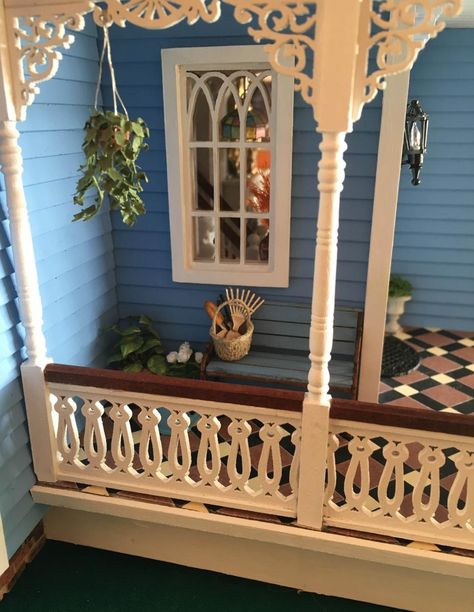 Dollhouse Porch Railing Diy, Porch Railing Diy, English House Design, Dollhouse Porch, Greenleaf Dollhouse, Fairfield Dollhouse, Dollhouse Exterior, Fairfield House, Doll House Ideas