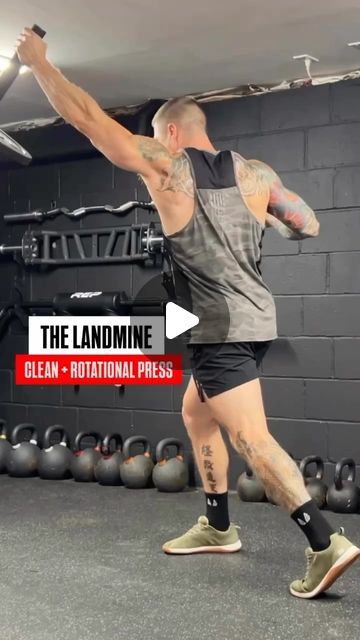 The JTM FIT App on Instagram: "Full body strength and power 🚀  Love this landmine exercise. Probably my favorite out of all of the exercises out there.  One of the best aspects of the landmine is it’s versatility it terms of rotational exercise combos. No other tool like it.  The Clean to Rotational Press is a great exercise for anyone who’s looking to build more functional strength, power and athleticism.  Let me know what your favorite landmine exercise is in the comments 👊🏻  #functionaltraining #functionalfitness #mma #hiit" Clean Press Exercise, Landline Exercises, Landmine Exercises Glutes, Landmine Full Body Workout, Landmine Rdl, Landmine Exercises, Fit App, Clean And Press, Body Strength