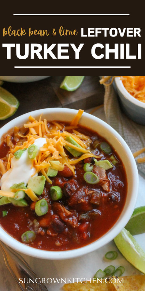 A hearty pot of Turkey Chili is the best way to use up the leftover Thanksgiving turkey! Or with a few variation options, it can be made any time of year! With bold spices, lots of veggies, pinto and black beans, this easy leftover Thanksgiving turkey chili is loaded with toppings and finished with a squeeze of fresh lime juice! Prepped in just 15 minutes! Turkey And Black Bean Chili, Chili With Black Beans, Leftover Turkey Chili, Leftover Chili, Leftover Thanksgiving, Thanksgiving Turkey Leftovers, Black Bean Chili, Turkey Chili, Leftover Turkey