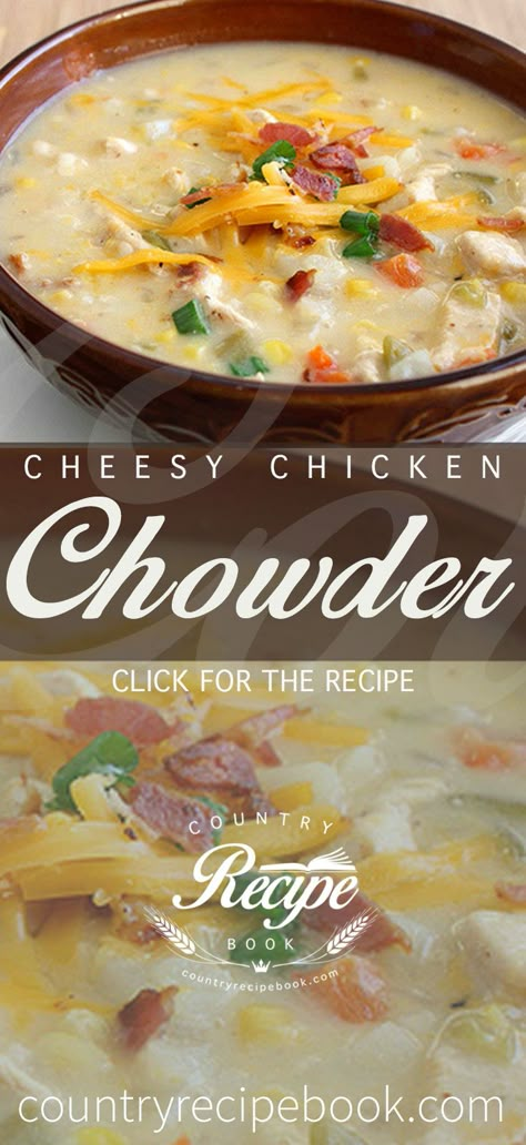 This Cheesy Chicken Chowder recipe is the ultimate comfort food. Give it a go today! Cheesy Chowder Soup, Cheesy Chicken Chowder Soup, Cheesy Chicken Soup Recipes, Cheesy Chicken Corn Chowder, Chicken Chowder Recipes, Chicken Chowder Soup, Cheesy Chicken Chowder, Cheesy Chicken Soup, Cheesey Chicken