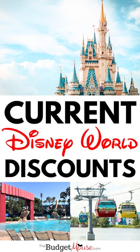 Current Disney World discounts with photos of Cinderella Castle, a swimming pool, and the Disney Skyliner. Disney Moderate Resorts, Disney Beach Club Resort, Disney Deluxe Resorts, Disney Value Resorts, Caribbean Beach Resort Disney, Disney Animal Kingdom Lodge, Universal Trip, Disney Contemporary Resort, Disney On A Budget