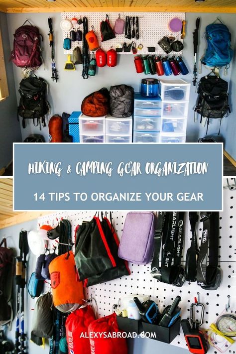 Here are tips for organizing camping and hiking gear (with OR without a garage). That way, when you're ready for your next adventure, you will be able to pack quickly and hit the road! Camp Gear Storage Garage, Outdoor Gear Room Ideas, Organizing Camping Gear, How To Organize Camping Gear, Hiking Gear Organization, Organize Camping Gear, Camp Gear Storage, Camping Gear Storage Ideas, Outdoor Gear Storage Ideas