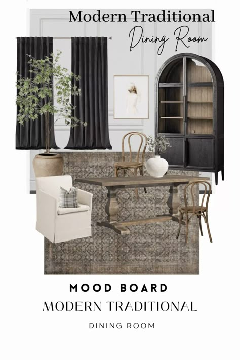 Sophisticated Dining Room Ideas, Curated Dining Room, Transitional Design Dining Room, Mixed Woods In Dining Room, Transitional Dining Room Mood Board, Dining Area Inspiration, Dining Room Inspiration Modern Classy, Dining Room Lounge Ideas, Iron Ore Dining Room