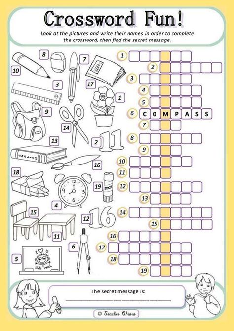 Look at the pictures and write their names in order to complete the crossword, then find the secret message. Activities For Primary School, Back To School Worksheets, English Grammar Worksheets, English Games, English Worksheets For Kids, Kids English, English Classroom, English Language Teaching, Classroom Language