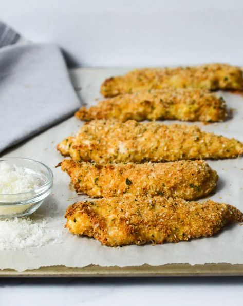 Chicken Tenders Oven, Panko Chicken Tenders, Baked Chicken Tenderloins, Crunchy Chicken Tenders, Italian Bread Crumbs, Bread Crumb Chicken, Baked Breaded Chicken, Parmesan Chicken Tenders, Crusted Chicken Tenders