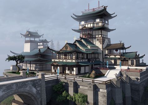 ArtStation - Asian building, Dovjan D. Asian Castle, Asian Buildings, Chinese Buildings, Japanese Buildings, Asian House, Ancient Chinese Architecture, Japanese Style House, Traditional Japanese House, Japanese Castle