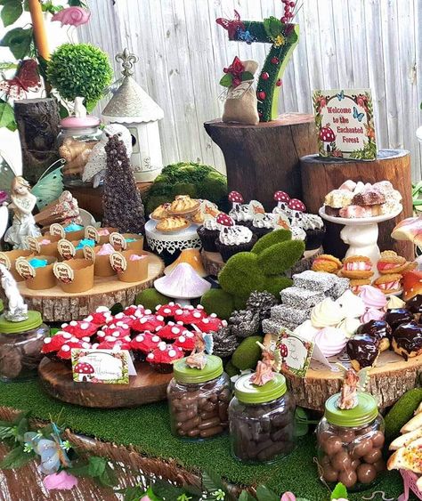 Fairytail Birthday Party Ideas, Forest Birthday Decorations, Enchanted Theme Birthday Party, Woodland Sweet 16, Woodland Garden Party Theme, Woodland Theme Tea Party, Enchanted Forest Shower Ideas, Enchanted Garden Food Ideas, Pastel Enchanted Forest Theme