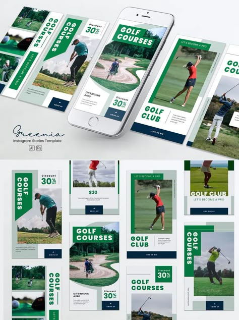 Golf Competition Instagram Stories Templates PSD, AI Golf Marketing Ideas, Golf Social Media Design, Golf Social Media, Golf Marketing, Simple Moodboard, Instagram Grid Layout, Media Kit Design, Newsletter Layout, Best Instagram Stories