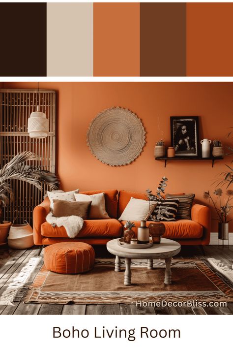 Earth-Tone Boho Living Room: Rust-Orange Sofa & Textured Decor Rustic Orange Home Decor, Rust Office Decor, Burnt Sienna Living Room, Earthy Colours Living Room, Rust Interior Design, Terracotta Sitting Room, Rust Coloured Living Room, Brown Tone Living Room, Boho Living Room Orange