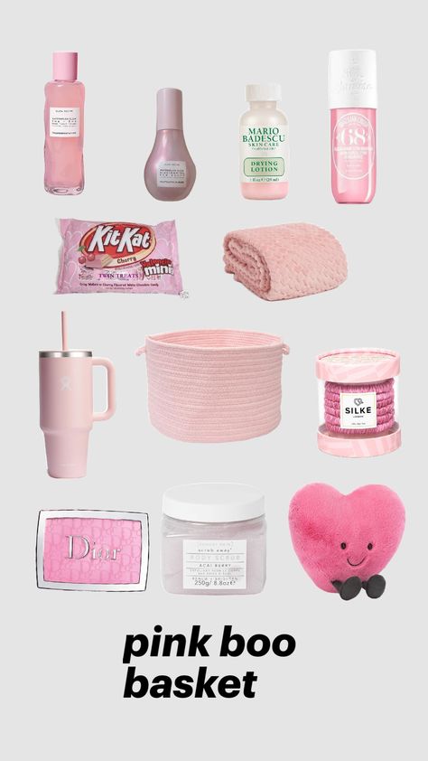 pink gift/ boo basket Pink Christmas Gift Basket, Pink Goodie Basket, Pink Boo Basket Ideas, Pink Christmas Basket, Pink Boo Basket, Pink Themed Gift Basket, Pink Snack Basket, Pink Theme Basket, Gift Basket Pink Theme