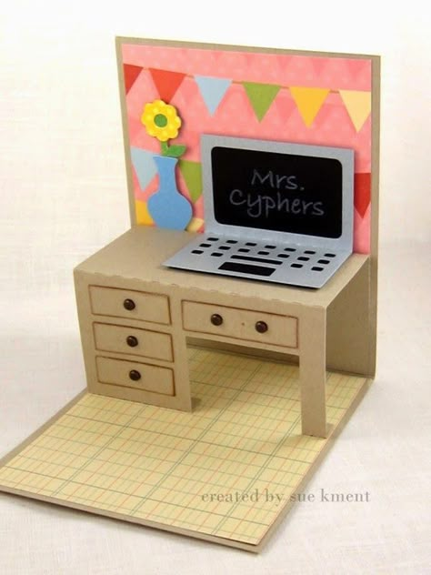 Sue's Stamping Stuff: Pop Up Teacher Desk Cards.! Explosion Cards, Teacher Birthday Card, Teachers Desk, Diy Pop Up Cards, Teachers Day Card, Teacher Birthday, Pop Up Box Cards, Paper Doll House, Teachers Gifts