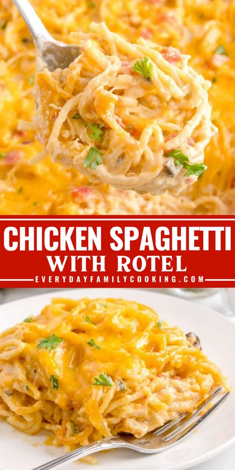 My chicken spaghetti with Rotel is made with pantry ingredients and rotisserie chicken, making it incredibly easy! I use Rotel and two types of creamy, canned soups to create a creamy and cheesy casserole that’s ready in under 1 hour. Chicken Spaghetti Casserole Rotel, Chicken Spaghetti With Rotisserie, Chicken Spaghetti Recipe Casserole, Rotel Chicken Spaghetti Recipe, Chicken Spagetti Recipe Easy Rotel, Crockpot Rotel Chicken Spaghetti, Spaghetti Rotel Chicken, Rotel Chicken Bake, Chicken And Spaghetti