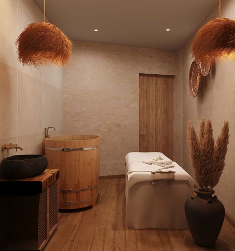 Ideas For Massage Rooms, Spa Room Ideas Estheticians Bohemian, Nature Massage Room, Massage Parlour Interior Design, Massage Room Paint Colors, Spa Room Colors, Massage Room Inspiration, Massage Salon Interior, Earthy Massage Room