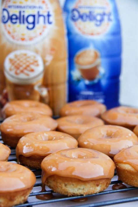 Basic Doughnut Recipe, Coffee Mate Recipes, Mate Recipes, Delight Creamer, Caramel Doughnuts, International Delight Creamer, Donut Flavors, Baked Caramel, Mini Doughnuts