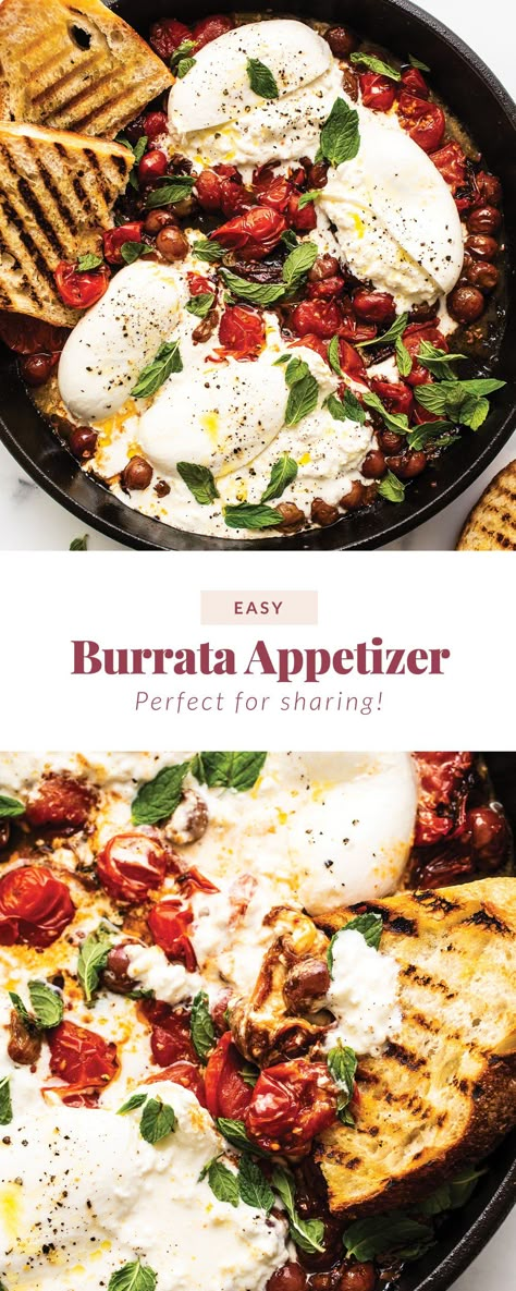 This burrata appetizer recipe is fully equipped with bursting cherry tomatoes and grapes along with fresh herbs and mounds of fresh burrata cheese. Buttata Cheese, Blistered Tomatoes And Burrata, Bursts Cheese Recipes, Bursts Appetizer, Burrata Appetizer Prosciutto, Baked Burrata Recipe, Veggie Starters Appetizers, Burrata Dip Recipe, Best Burrata Recipes