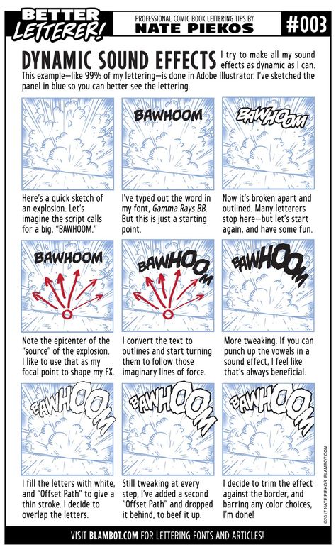 Nate Piekos on Twitter: "BETTER LETTERER #3: Dynamic Sound Effects  #lettering #comics #blambot  https://t.co/SCpjyV7otV… " Webtoon Sound Effects, Comic Making Tips, Manga Sound Effects English, Dynamic Comic Panels, Comic Movement, Manga Sound Effects, Comic Book Making, Comic Letters, Webtoon Tips