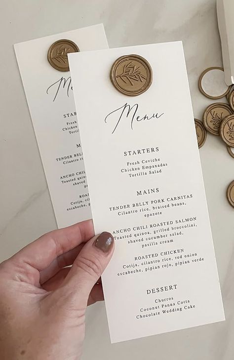 Cards With Wax Seal, Diy Wedding Menu Cards, Diy Wedding Menu, Menue Design, Wax Seal Stickers, Passport Wedding Invitations, Burnt Orange Weddings, Diy Wax, Chocolate Wedding Cake