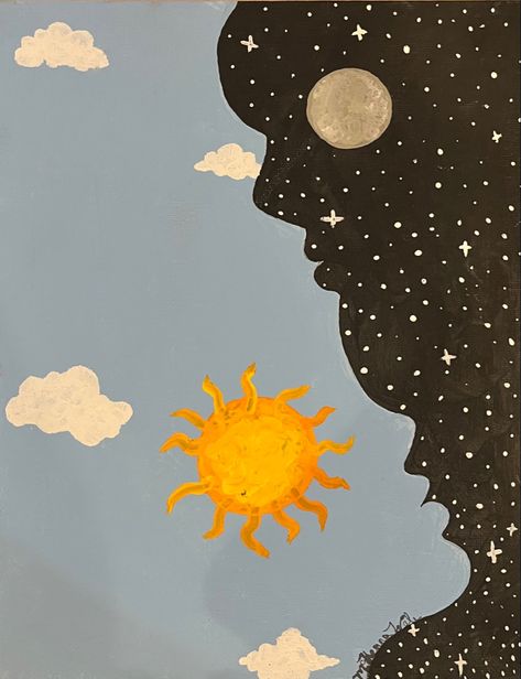 The left side is a sunny day sky, the right is a night time sky with the moon. The line dividing them forms two faces leaning on each other. Opposite Drawing Ideas, Opposites Art Ideas, Opposite Painting Ideas, Opposite Paintings, Opposite Art Ideas, Sun And Moon Animation, Opposites Attract Art, Art Opposites, Day And Night Drawing