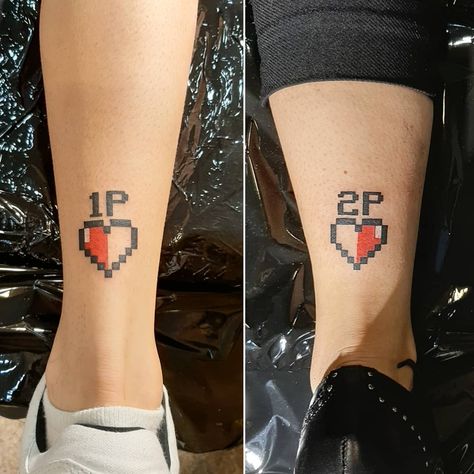 Gamer Couple Tattoos Ideas, Matching Tattoos Couples Gaming, Video Game Sibling Tattoos, Video Game Couple Tattoos, Gamer Matching Tattoos, Video Game Matching Tattoos, Matching Gaming Tattoos, Matching Gamer Tattoos, Matching Video Game Tattoos