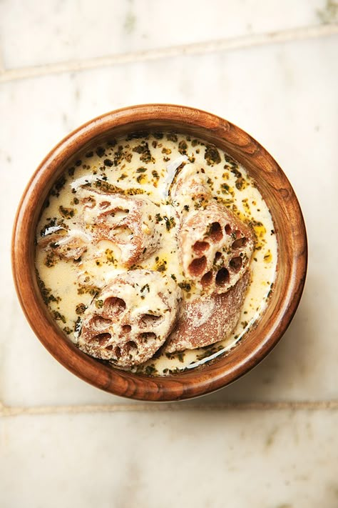 Lotus Root Recipe, Kashmiri Recipes, Saveur Recipes, World Vegetarian Day, Vegetarian Day, Lotus Root, Yogurt Sauce, Yogurt Recipes, Indian Food Recipes Vegetarian