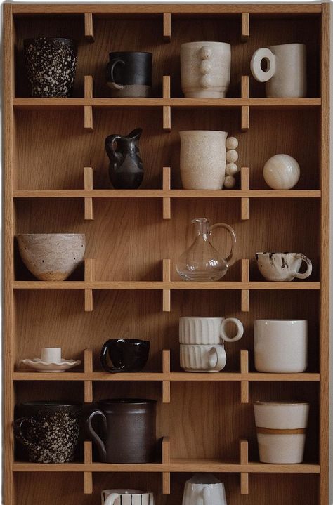 Wooden Stair Railing, Shelf In Kitchen, Kitchen Shelf Design, Copenhagen Home, Cup Shelf, Mug Storage, Kitchen Shelf Decor, Diy Woodworking Projects, Woodwork Projects