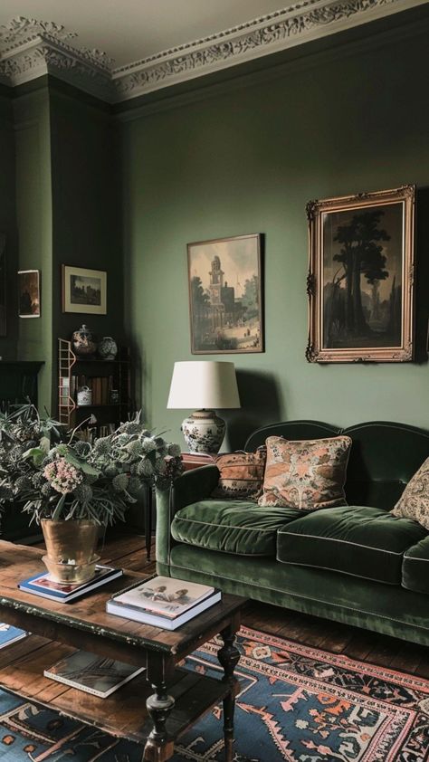 Green Couch Living Room, Dark Living Room Ideas, Dark Living Rooms, Green Living Room, Casa Vintage, House Vibes, Dark Home Decor, Dark Home, Green Walls