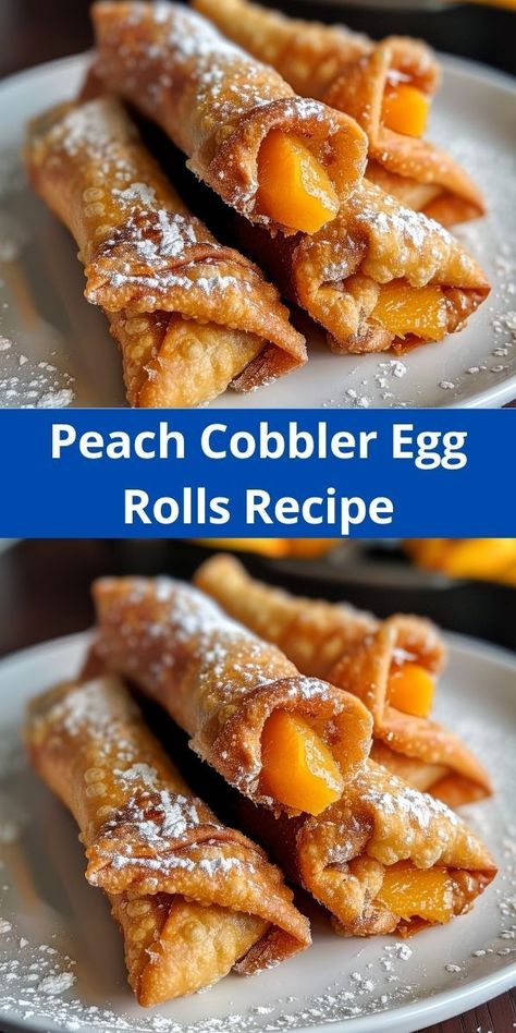 Easy peach cobbler egg rolls: Crispy outside, sweet peach inside. Perfect dessert for any occasion. Quick to make. Crispy Peach Cobbler, Dessert Egg Rolls Recipe, Guacamole Salsa Recipe, Dessert Egg Rolls, Egg Roll Wrapper Recipes, Peach Cobbler Egg Rolls, Lunch Casserole, Egg Roll Wrapper, Tasty Chicken Recipes