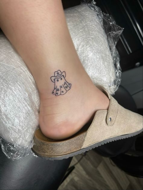 Ghost With Boots Tattoo, Cute Small Nashville Tattoos, Ghost Tattoos Cowboy Hat, Animal In Cowboy Hat Tattoo, Ghost With Sunglasses Tattoo, Western Ghost Tattoo, Cow Ghost Tattoo, Cowgirl Ghost Tattoo, Cowboy Inspired Tattoo