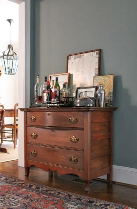 How to Style a Bar Dresser | Apartment Therapy Cocktail Dresser, Bar Tray Styling, Butlers Bar, Bar Dresser, Bar Organization, Antique Decorations, Buffet Styling, Surface Styling, Kitchen Trends 2020