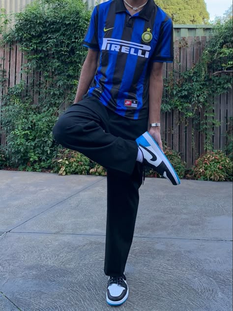 Inter Milan Jersey Outfit, Blue Jersey Outfit, Blokecore Man, Blockcore Outfit, Jordan 1 Low Outfit Men, Wide Pleated Pants, Powder Blue Outfit, Jordan 1 Low Outfit, Inter Milan Jersey