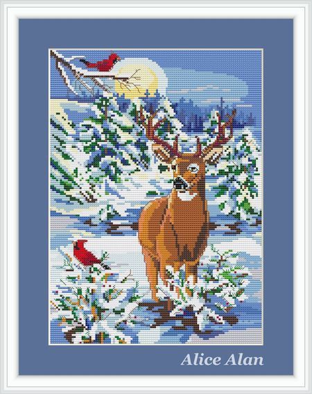 Cross Stitch Pattern Wild deer in winter forest by HallStitch Deer Silhouette Painting, Deer Winter, Holiday Cross Stitch Patterns, Free Cross Stitch Charts, Wild Deer, Real Tree Camouflage, Brown Deer, Patchwork Heart, Cartoon Disney