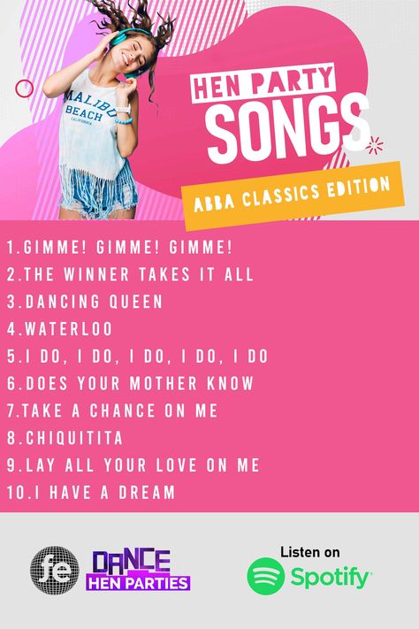 Hen party celebrations are incomplete without some epic tunes! CLICK THROUGH to see more hen party playlists! #henparty #hendo #bacheloretteparty #henpartysongs #hendosongs #danceparty #partysongs #abba #abbaplaylist #abbasongs Abba Playlist, Does Your Mother Know, Party Planning Checklist, Party Playlist, Party Songs, Upbeat Songs, Playlist Ideas, Hens Night, Hen Do