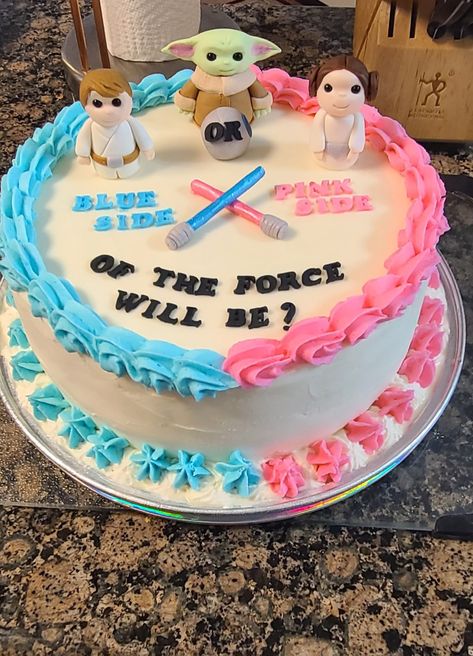 Grogu Luke Leia gender reveal cake tres leche Luke Or Leia Gender Reveal, Star Wars Gender Reveal Cake, Jedi Or Princess Gender Reveal, Disney Gender Reveal Cake, Anime Gender Reveal, Star Wars Gender Reveal, Healthy Baking Alternatives, Sugar Free Pastries, Gender Cake