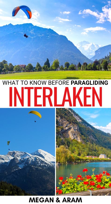 Are you looking to go paragliding in Interlaken? This year-round experience is epic - this post details everything to know before your Interlaken paragliding trip! | Interlaken activities | Interlaken tours | Interlaken adventure | Interlaken winter | Interlaken summer | Things to do in Interlaken | What to do in Interlaken Paragliding Interlaken, Paragliding Photography, Paragliding Tshirt, Lake Thun, Short Vacation, Swiss Travel, Interlaken, Ski Holidays, Swiss Alps