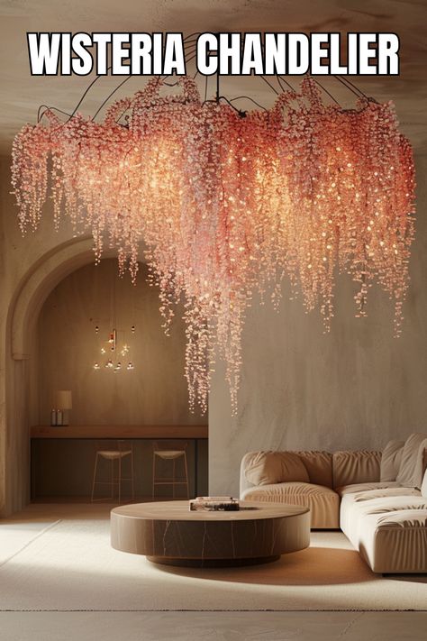 Elevate your home décor with the timeless allure of wisteria chandeliers! ✨ Add a touch of elegance and whimsy to any space. #WisteriaChandeliers #HomeDesign #InteriorInspiration Small Space Chandelier, Unique Dining Room Lighting, Diy Bedroom Chandelier, Diy Chandler Ideas, Nature Inspired Chandelier, Weeping Willow Chandelier, Creative Chandelier Ideas, Fluffy Chandelier, Diy Wisteria Chandelier