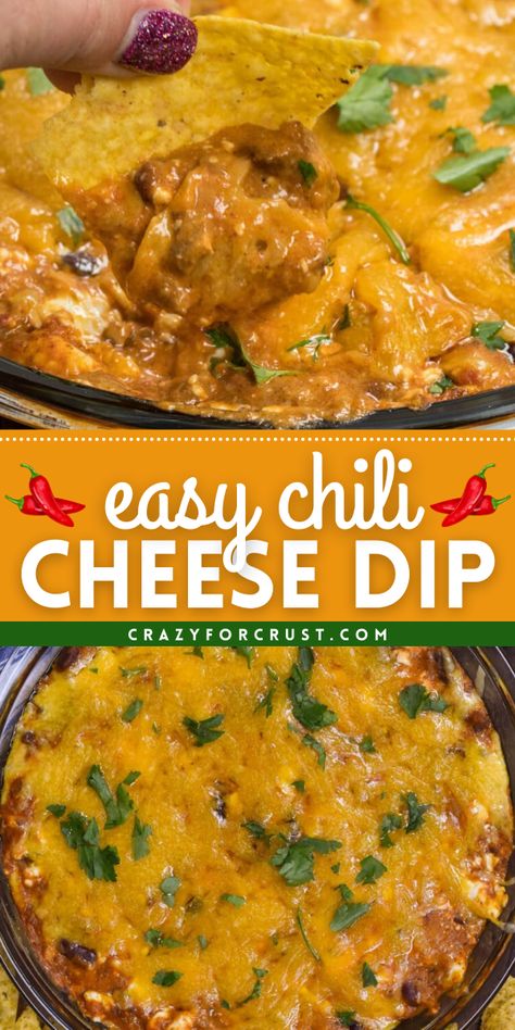 Looking for fun party snacks? Serve up this homemade chili cheese dip! 3 ingredients are all you need in this easy appetizer recipe for a crowd. So gooey and sinfully good, this cheesy chili dip is one of the best game day recipes! Easy Chili Cheese Dip, Dipping Recipes, Cheesy Dips, Party Food Easy Appetizers, Chili Cheese Dip, Cheese Dips, Cheesy Appetizer, Chili Cheese Dips, Chili Dip