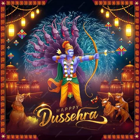 A poster for happy navrat with a man holding a bow and a banner that says happy dussehra | Premium AI-generated image Dussehra Wishes, Happy Dussehra, Hindu Festivals, Graphic Resources, A Man, Hold On, Stamp, Bts, Festival