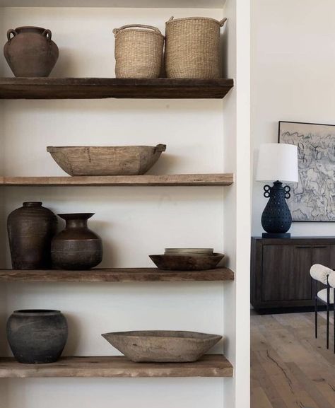 Wabi Sabi Shelves, Modern Nest, Modern Rustic Bedrooms, Office Room Design, Wellness Room, Rustic Pots, Organic Textures, Bookcase Decor, Studio Mcgee