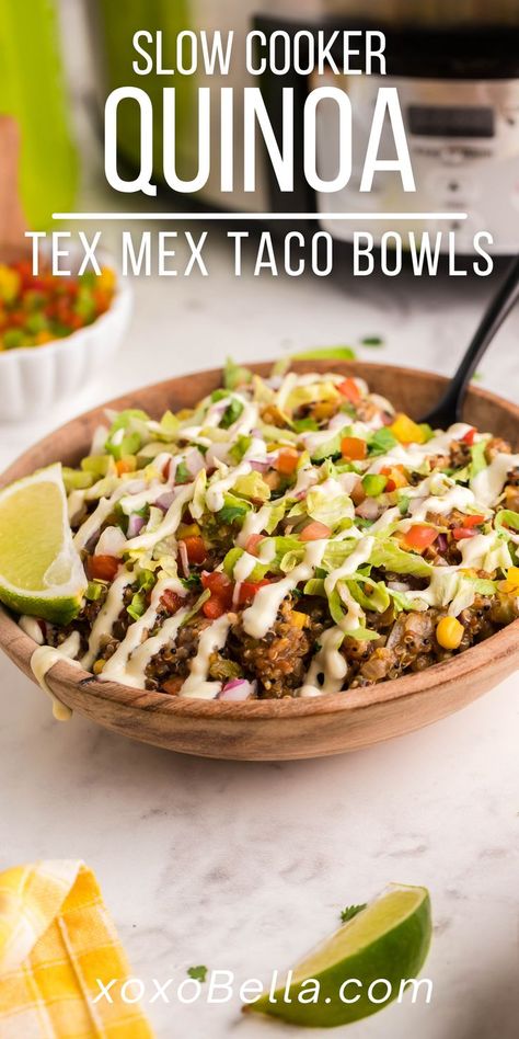 Tex Mex Quinoa Taco Bowls Tex Mex Quinoa Bowl, Bison Quinoa Bowl, Quinoa Mexican Bowl, Crockpot Quinoa Recipes, Quinoa Slow Cooker Recipes, Quinoa Taco Bowl, Tex Mex Quinoa, Mexican Bowl Recipe, Mexican Quinoa Bowl