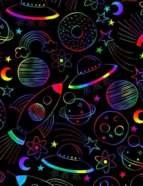 Timeless Treasures, Black Background, Woven Fabric, Planets, Science, Yard, Neon, Rainbow, Stars