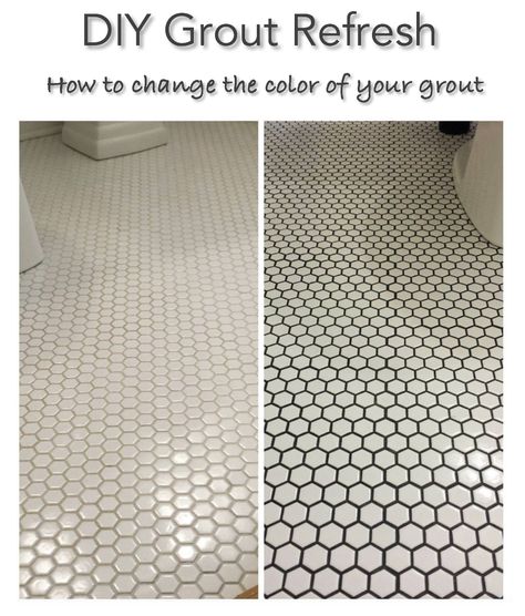 Let me preface this, we have been changing the color of our grout for the last 9 months but not in a good way. When we first bought our house we knew we had to Diy Grout Color Change, Diy Grout, Bathroom Grout, Black Grout, Penny Tile, Tile Grout, Grout Color, Diy Flooring, Bathroom Floor Tiles